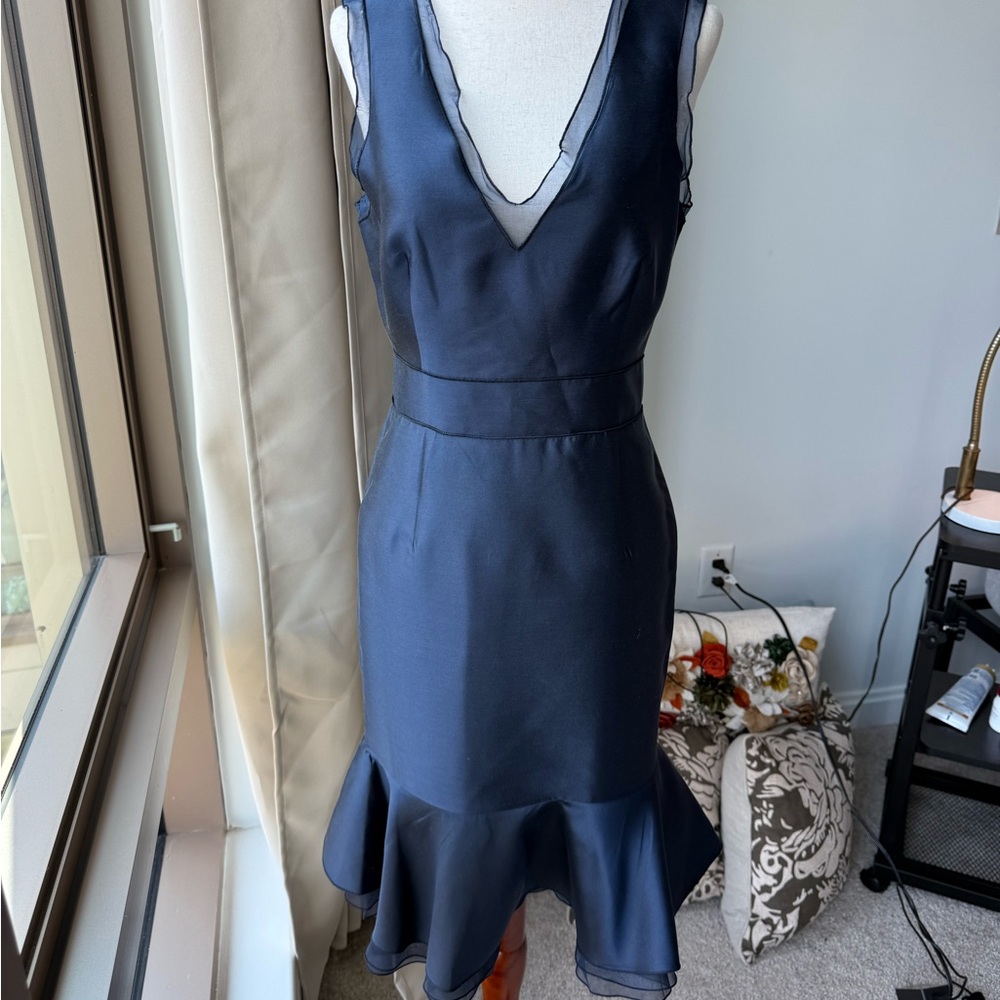 Carolina Herrera Midnight Navy V-Neck Ruffle-Hem Midi Dress - Picture 4 of 14